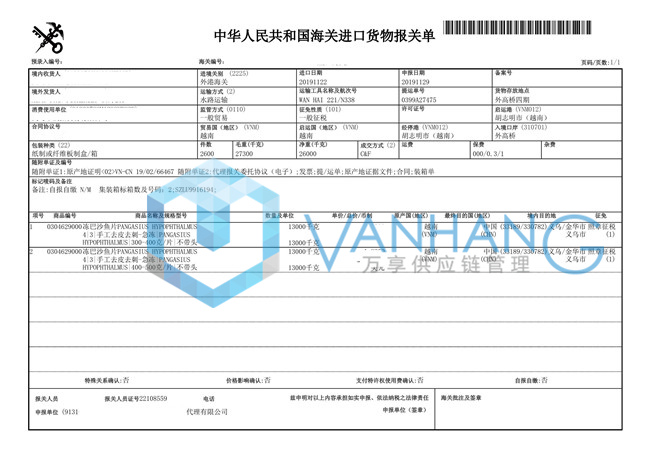 越南冷凍巴沙魚進口報關 越南冷凍巴沙魚進口報關